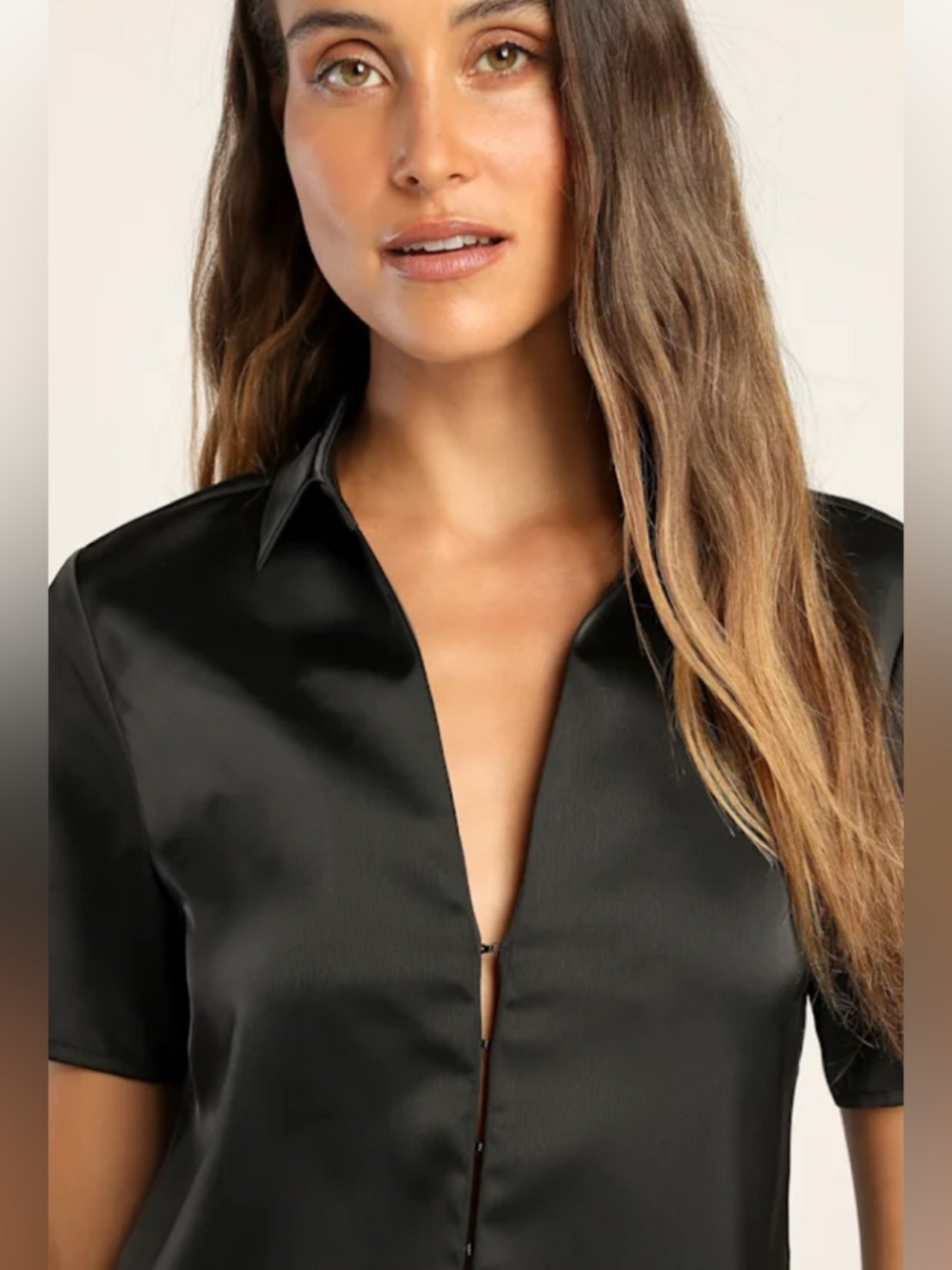 Black Satin Hook-and-Eye Short Sleeve Top